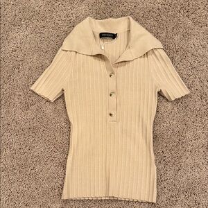 Beige Ribbed Short Sleeve Top